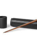 FO - Forever Made In Italy "Prima" Ethergraf inkless pen with anodized aluminum long body in the color cooper alongside its tube-shaped packaging.
