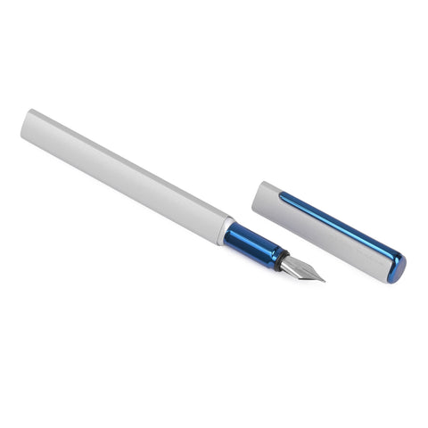 Pininfarina Segno "PF ONE Fountain Pen" in its bicolor version uncapped  (white body, blue tip and clip).