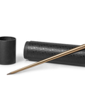 FO - Forever Made In Italy "Prima" Ethergraf inkless pen with anodized aluminum long body in the color gold alongside its tube-shaped packaging.
