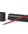 FO - Forever Made In Italy "Prima" Ethergraf inkless pen with anodized aluminum long body in the color red alongside its tube-shaped packaging.