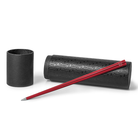 FO - Forever Made In Italy "Prima" Ethergraf inkless pen with anodized aluminum long body in the color red alongside its tube-shaped packaging.