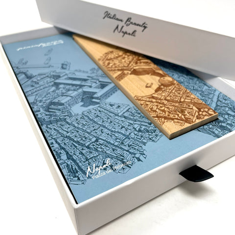 Packaging and base of the Pininfarina Segno "Cambiano Italian Beauty" Ethergraf Inkless or ballpoint pen with plans the city of Italy Naples in a white background.