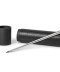 FO - Forever Made In Italy "Prima" Ethergraf inkless pen with anodized aluminum long body in the color silver alongside its tube-shaped packaging.