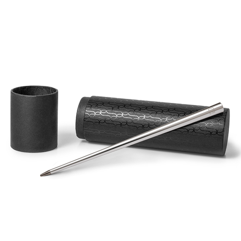 FO - Forever Made In Italy "Prima" Ethergraf inkless pen with anodized aluminum long body in the color silver alongside its tube-shaped packaging.