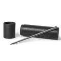 FO - Forever Made In Italy "Prima" Ethergraf inkless pen with anodized aluminum long body in the color titanium alongside its tube-shaped packaging.