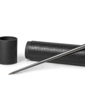 FO - Forever Made In Italy "Prima" Ethergraf inkless pen with anodized aluminum long body in the color titanium alongside its tube-shaped packaging.