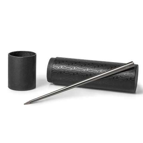 FO - Forever Made In Italy "Prima" Ethergraf inkless pen with anodized aluminum long body in the color titanium alongside its tube-shaped packaging.