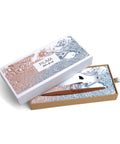 Packaging box of the FO - Forever Made In Italy "Piuma Italian Beauty" Pen with pear wood steam in the version "Napoles", along its stainless steel ondulated base. The box contains plans drawings of the city of Naples.