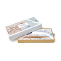 Packaging box of the FO - Forever Made In Italy "Piuma Italian Beauty" Pen with pear wood steam in the version "Torino", along its stainless steel ondulated base. The box contains plans drawings of the city of Turin.